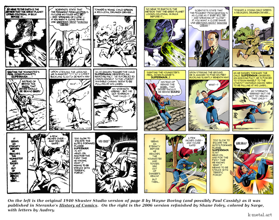 Comparision of 1940 Shuster Studio's Secret of the K-Metal page 8 with our restored 2006 version
