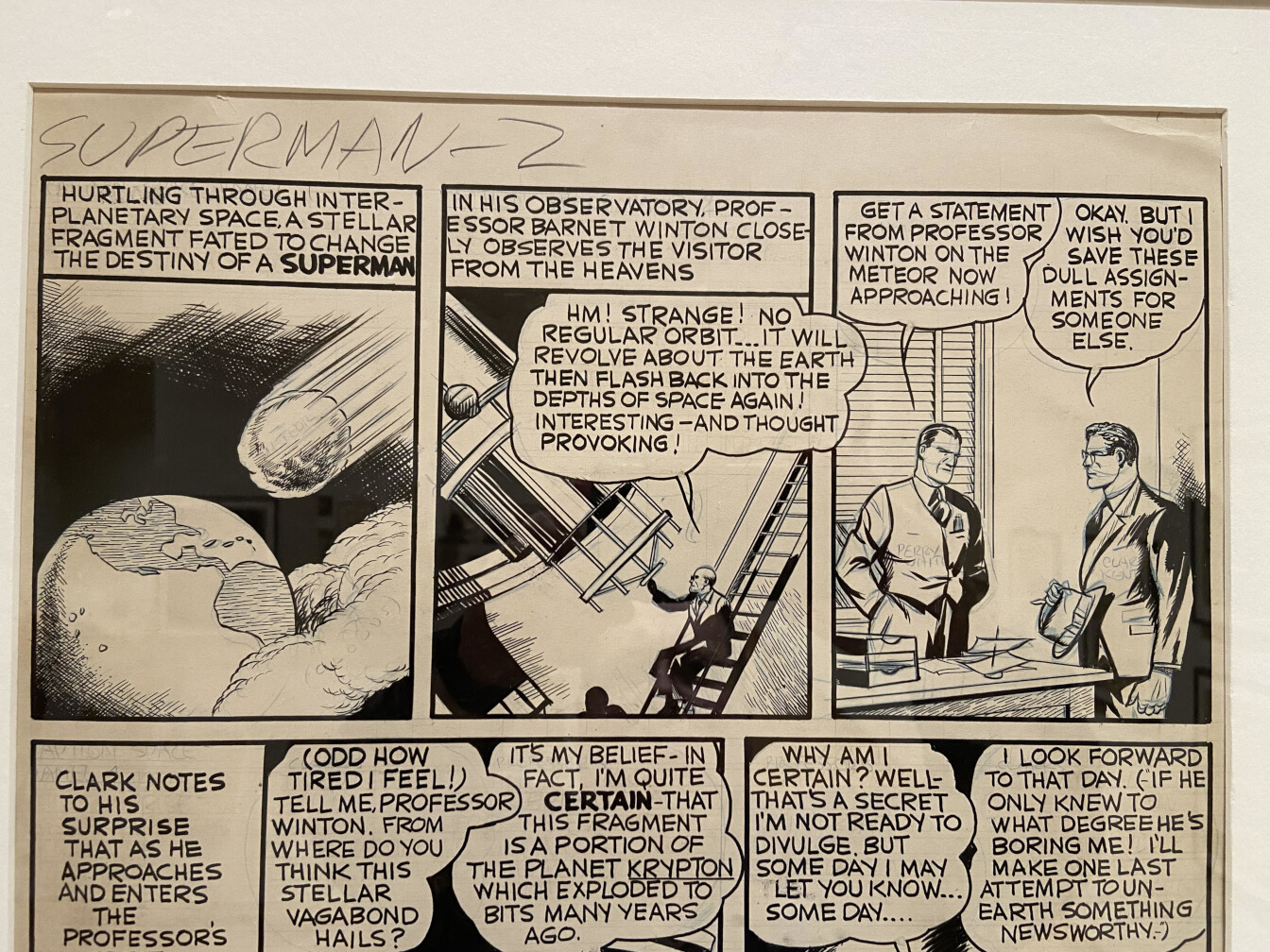 Original Shuster Studio Artwork for Secret of the K-Metal Page 2, top third. Picture by Jeff Reid