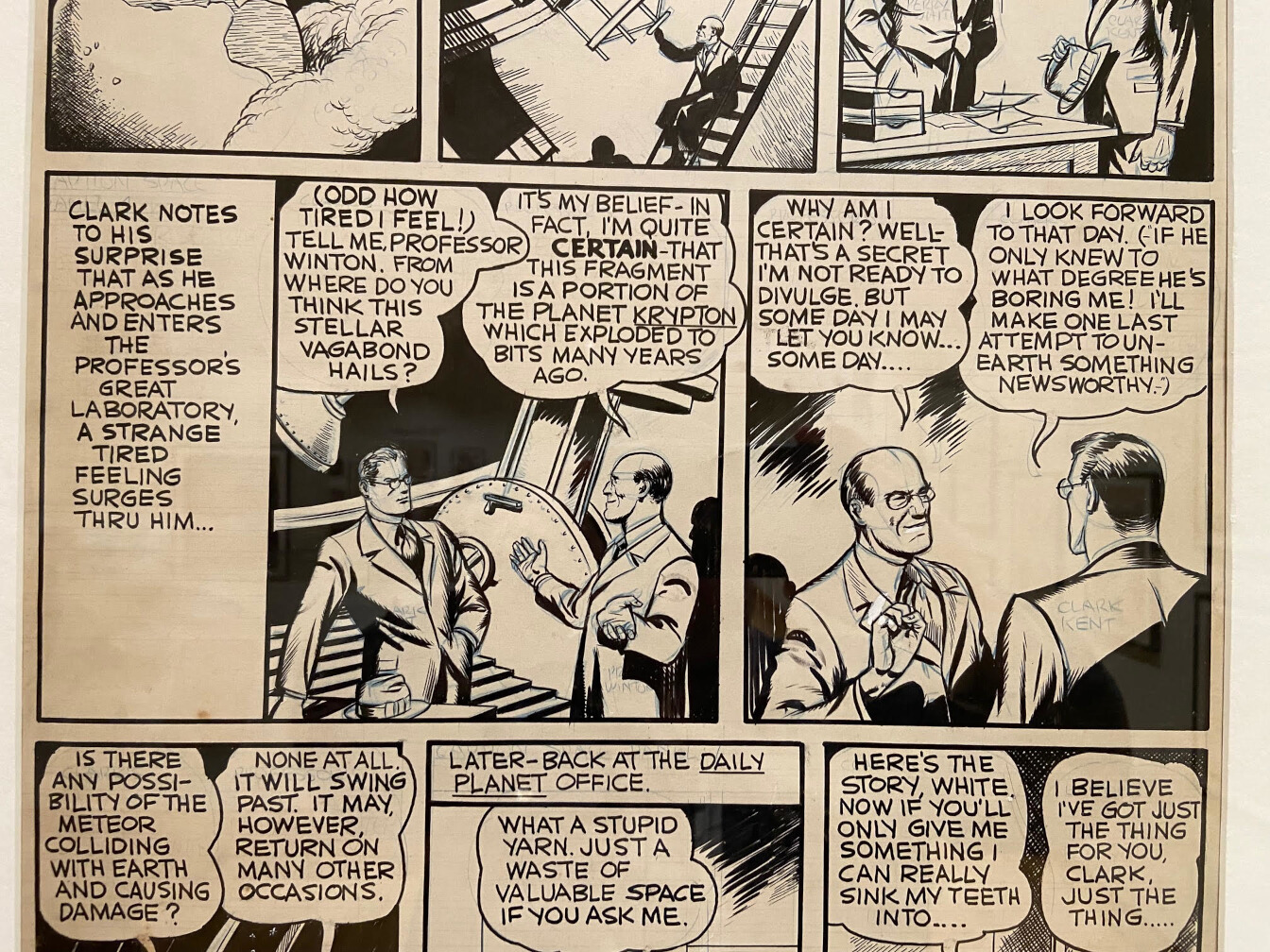 Original Shuster Studio Artwork for Secret of the K-Metal Page 2, middle third. Picture by Jeff Reid