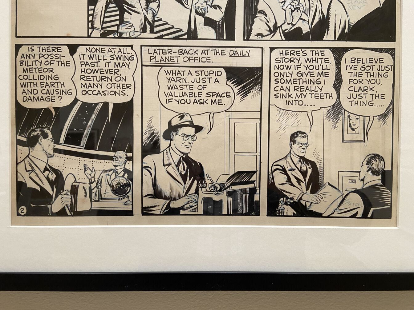 Original Shuster Studio Artwork for Secret of the K-Metal Page 2, bottom third. Picture by Jeff Reid